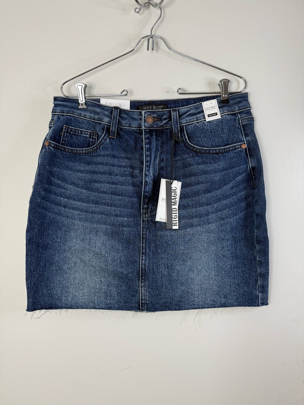 Judy Blue NWT, rigid magic, high waisted denim, raw hem, mini skirt XL